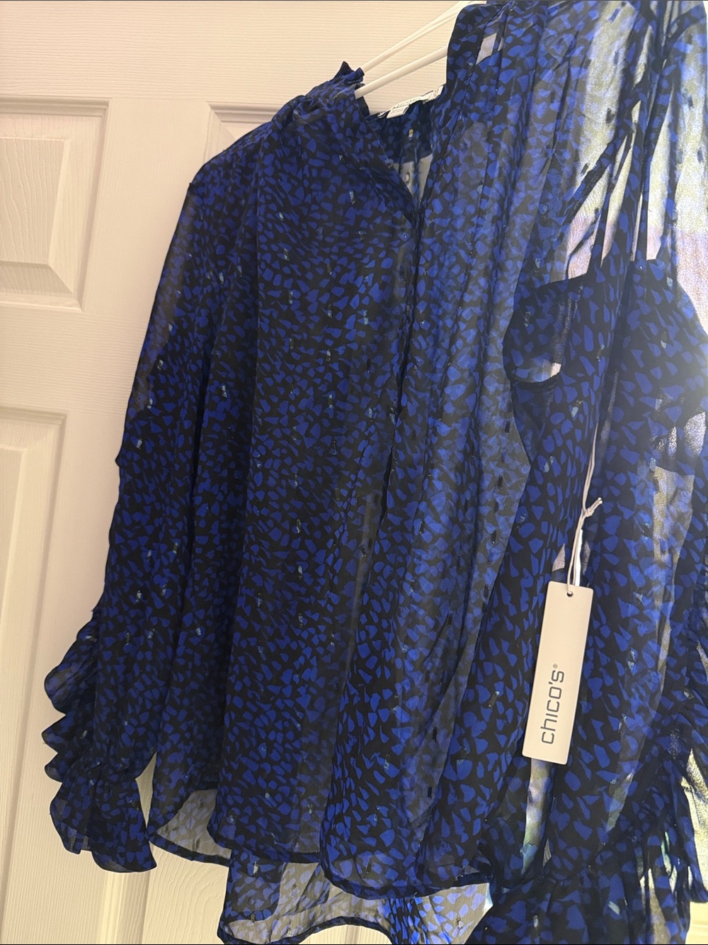 Chico's Royal Blue Printed Sheer Ruffle Blouse
